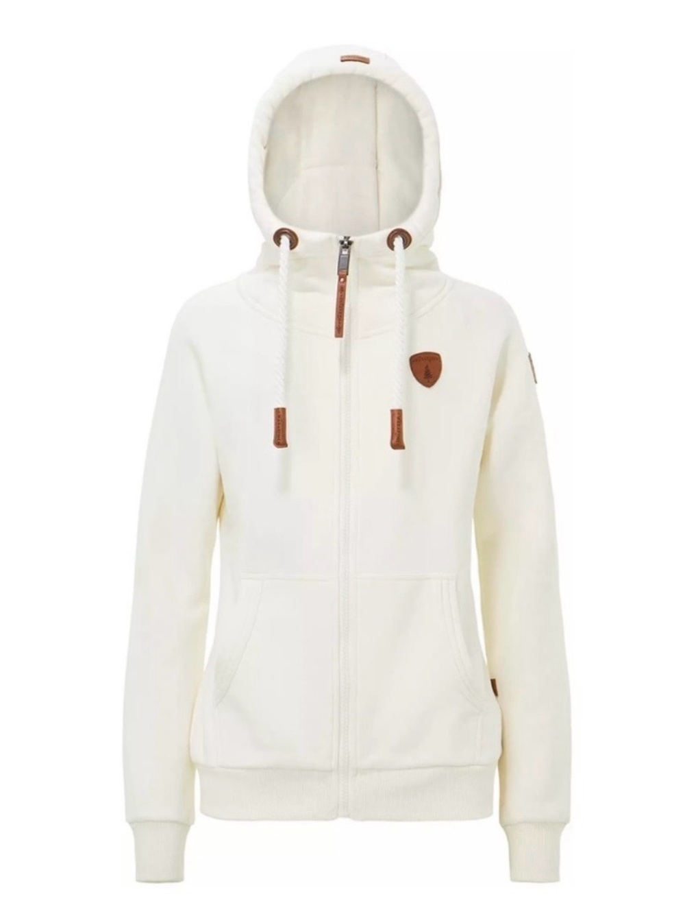 Wanakome Hera Cream Full Zip Hoodie Rope Drawstrings Leather Patch Women XS Logo